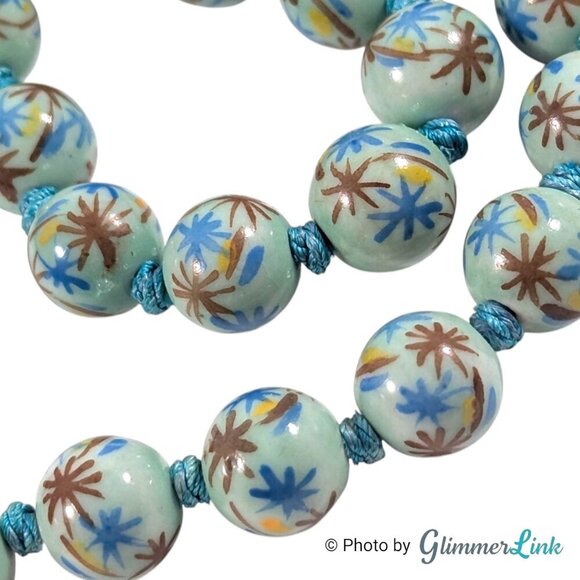 Vintage Chinese Export Hand Painted Knotted Blue Round Porcelain Bead Necklace - Picture 2 of 10
